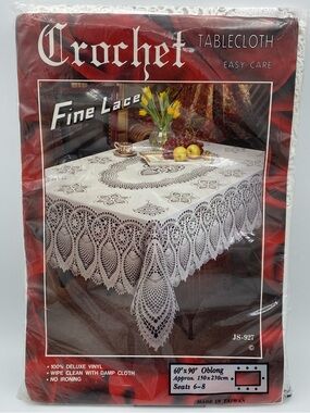 Crochet Fine Lace Tablecloth Oblong 60 X 90 Inch Vintage Vinyl NOS Package Wear